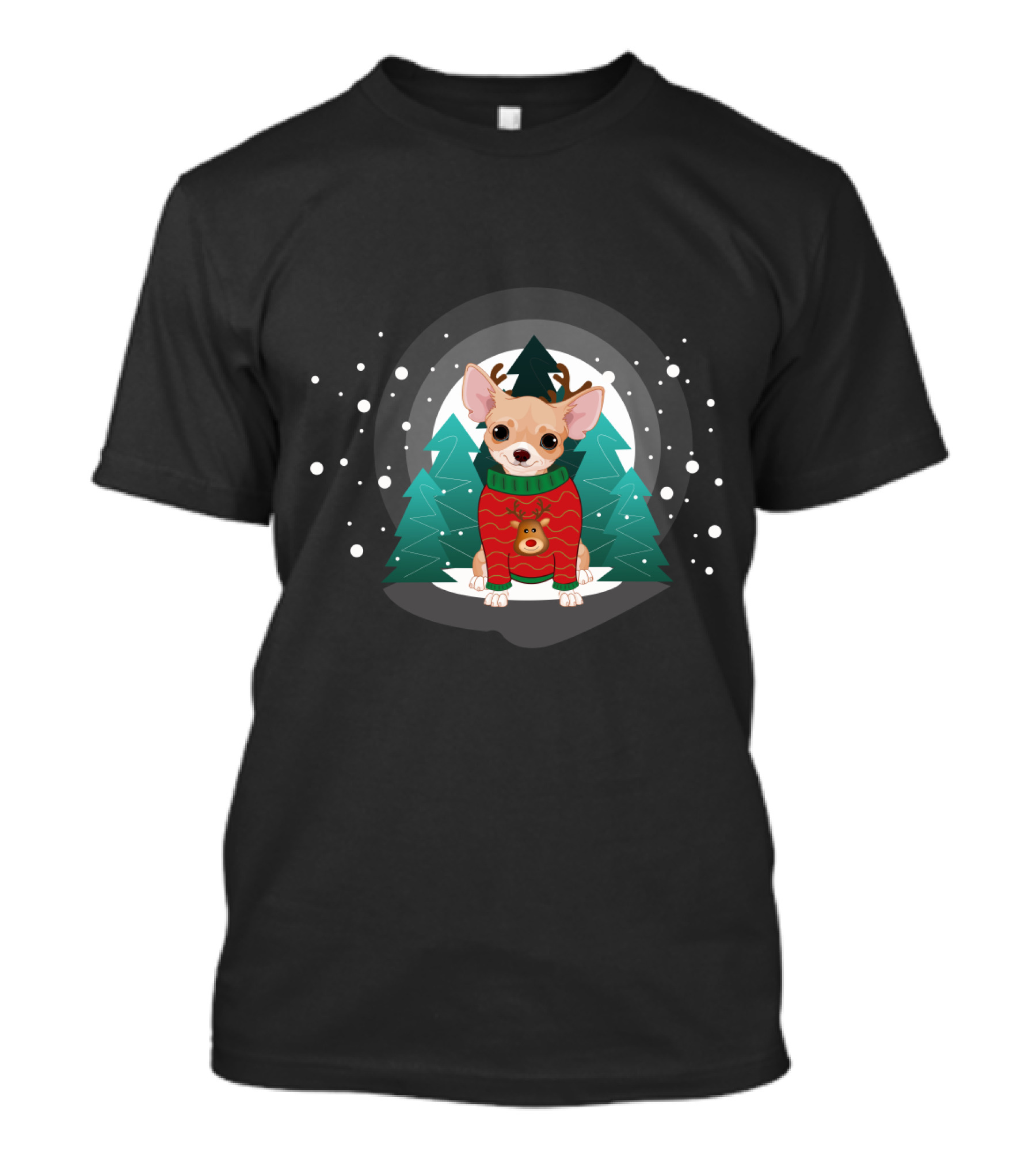 Chihuahua Terrier Wearing Christmas Sweater Snowflake Forest Scene T-Shirt