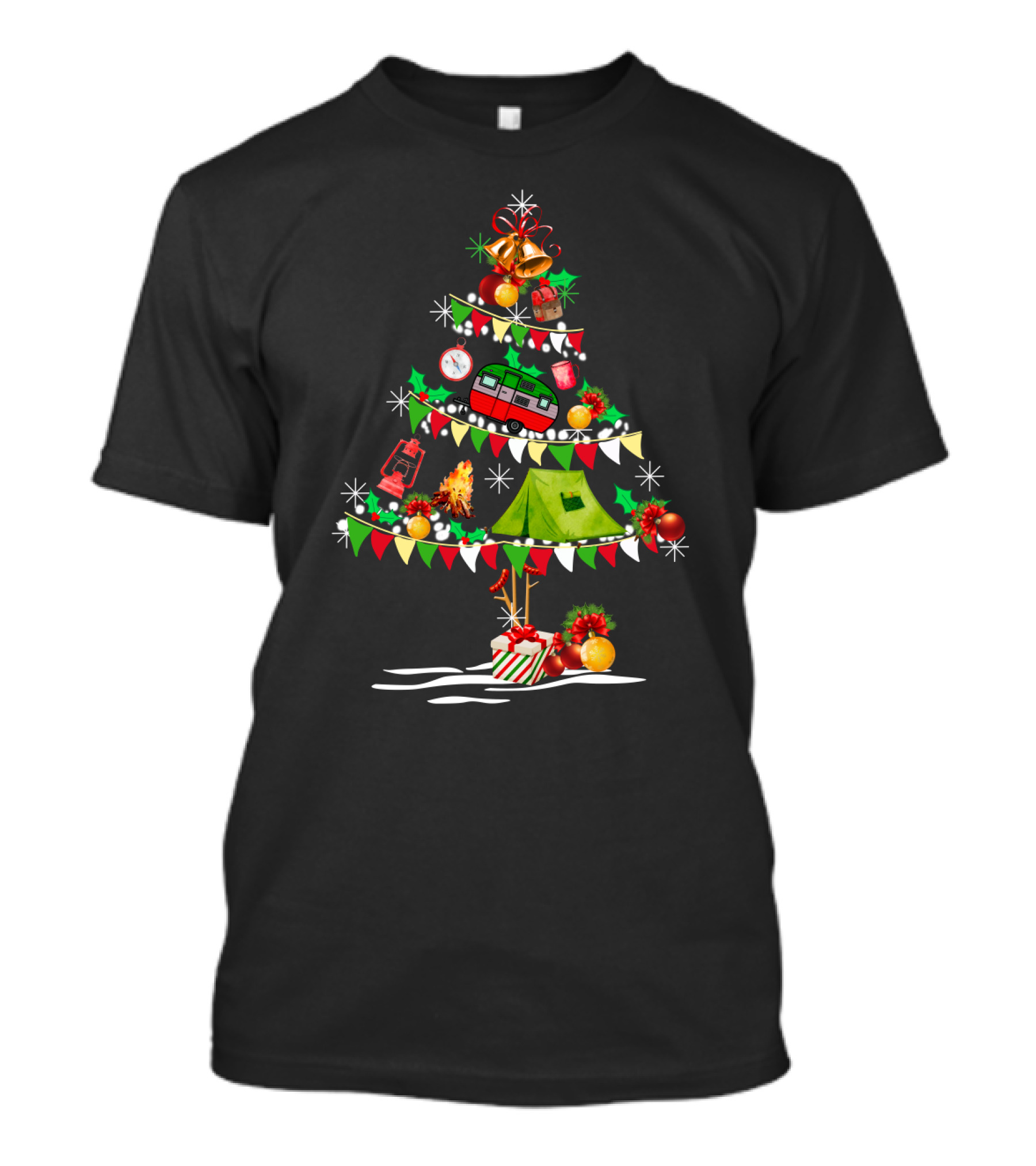 Christmas Tree Decorated With Camper Van, Tent, Bells, Ornaments, Lantern, Pinecones, Wrapped Gifts, And Campfire T-Shirt