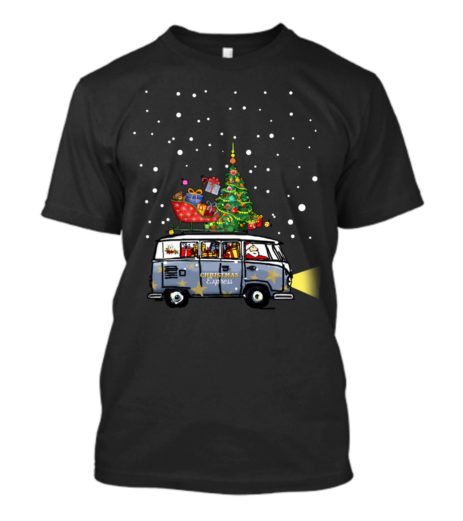 Christmas Express Van With Christmas Tree And Santa In Snowy Scene T-Shirt