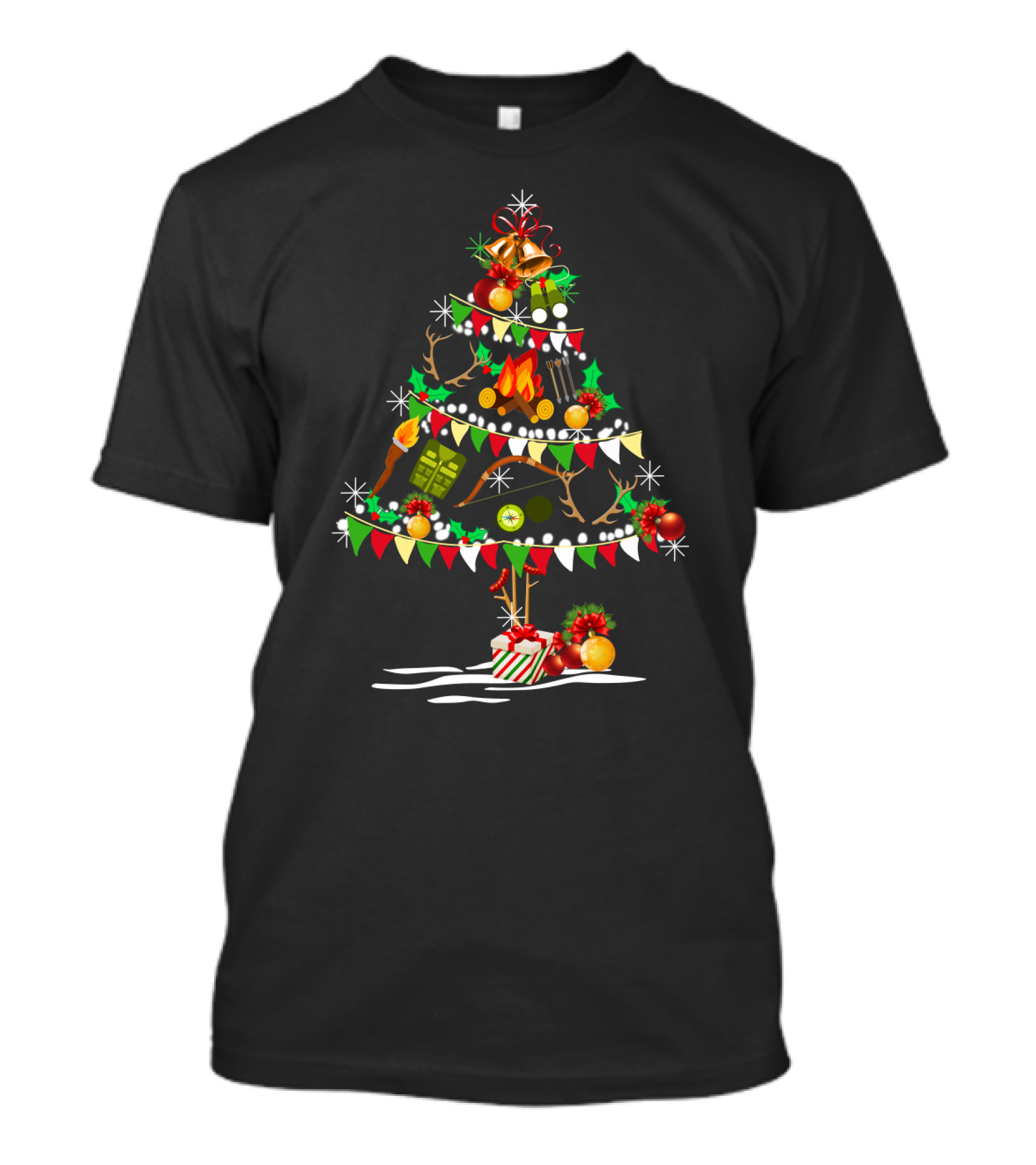 Holiday Deer Christmas Tree With Hunting Gear Ornaments And Festive Decorations T-Shirt