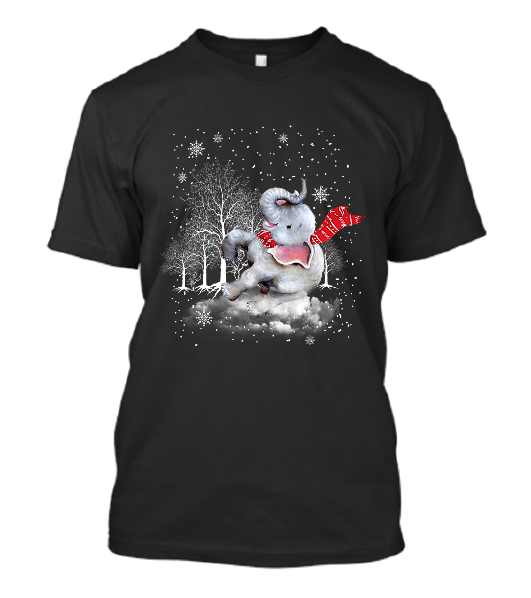 Elephant Christmas Snowflake Scarf Winter Forest Scene T-Shirt
