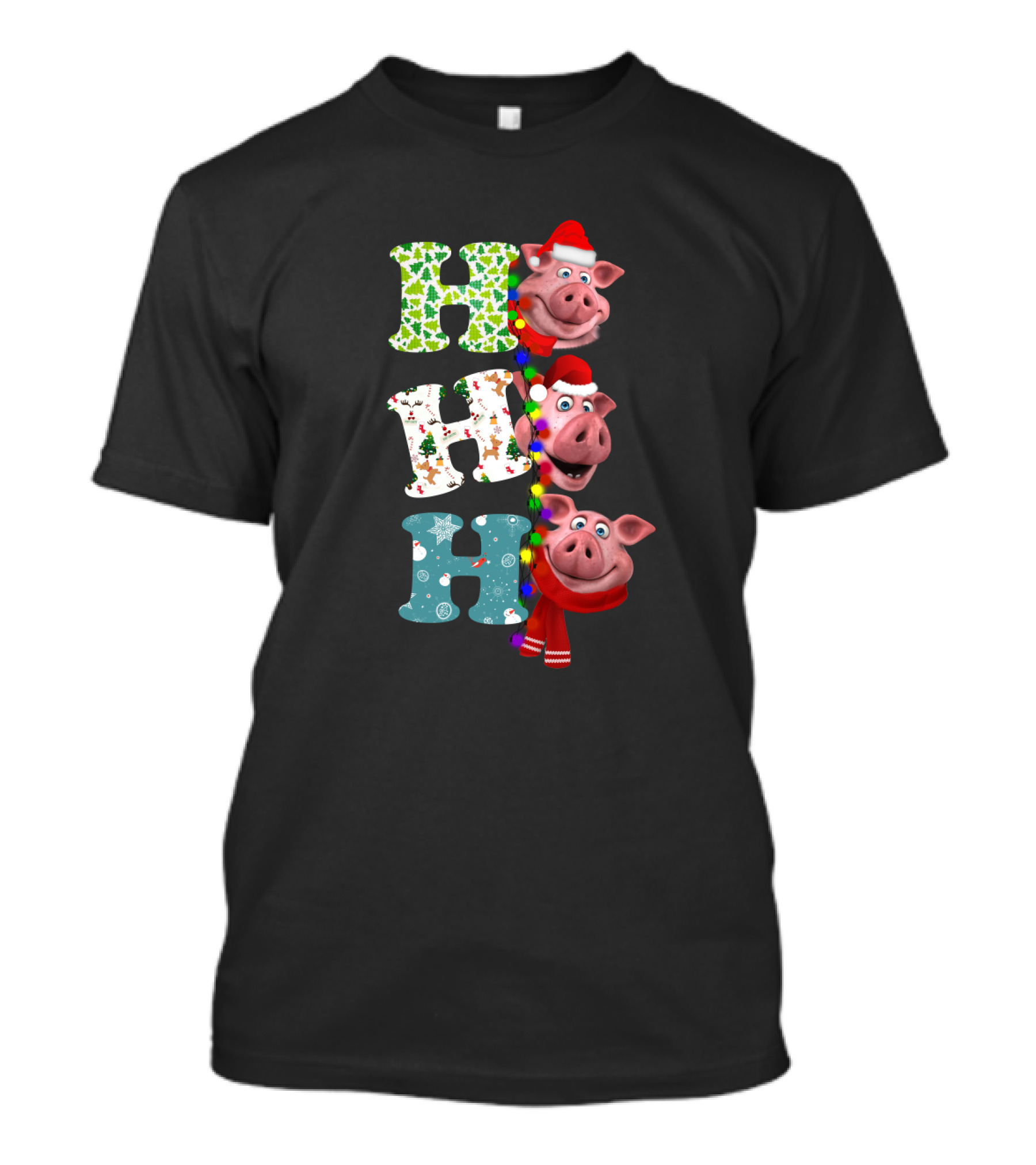 Hohoho Pig Christmas Lights Santa Hat Scarf Playful Holiday Hollysnowflakes T-Shirt