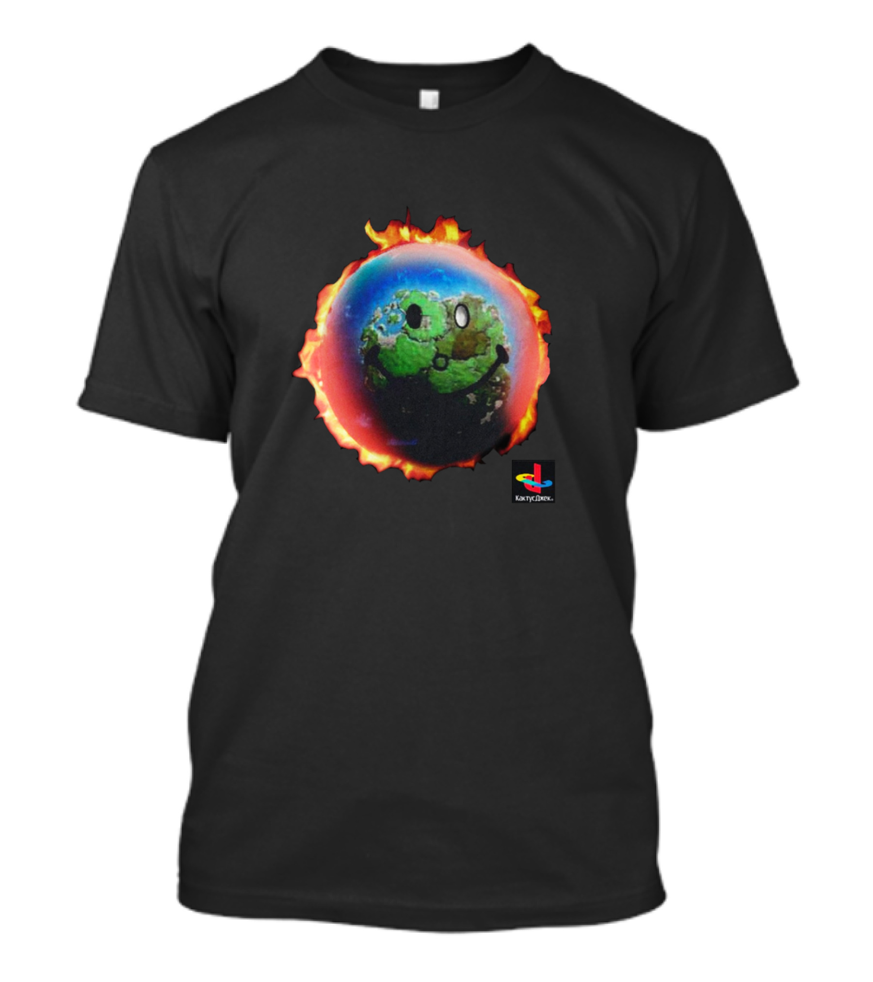 The Scotts Merch Earth Smiley Flame PlayStation Logo Cactus Jack T-Shirt