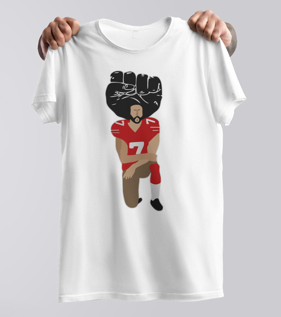 Colin Kaepernick Kneeling With Raised Fist And Red Football Jersey Number 7 T-Shirt