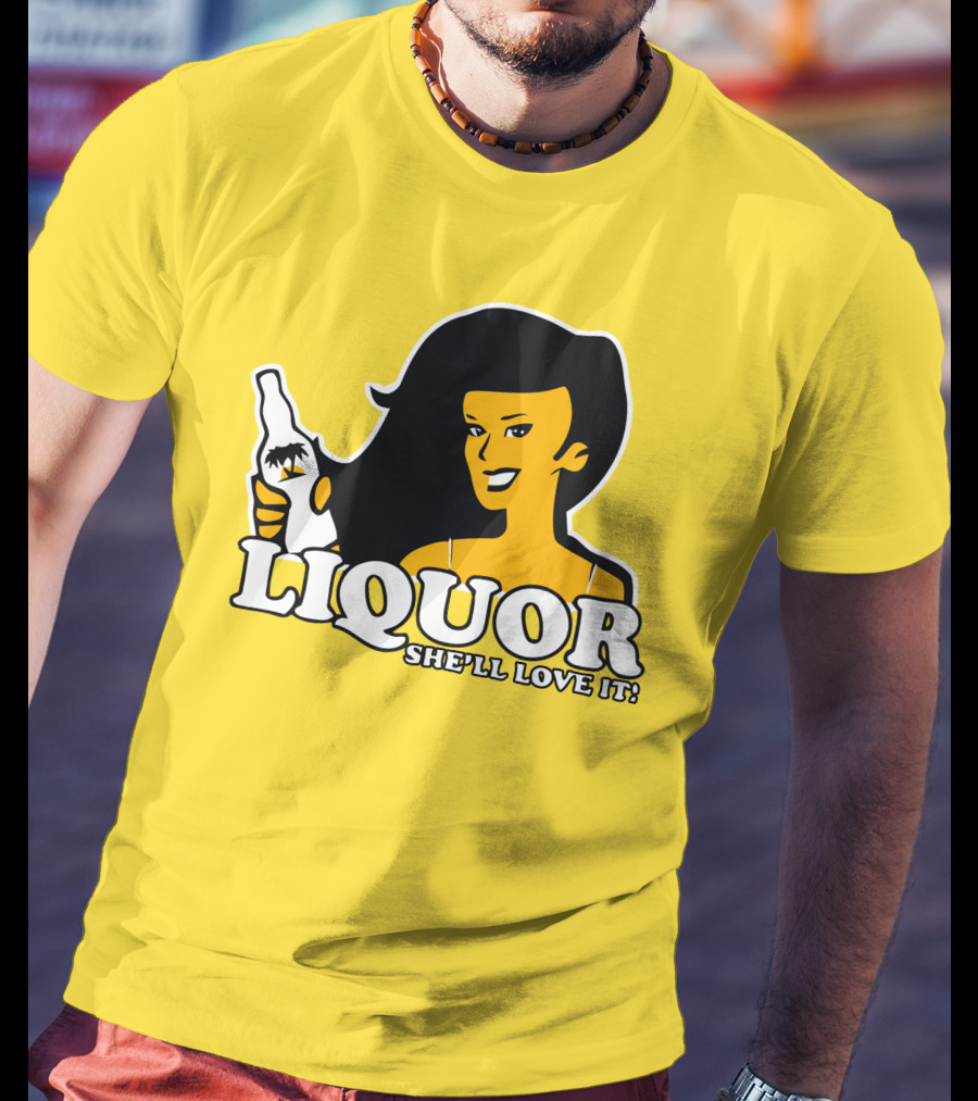 Liquor She'll Love It Retro Pin-Up Style Woman Holding Bottle T-Shirt