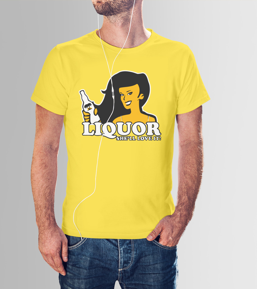 Liquor She'll Love It Retro Pin-Up Style Woman Holding Bottle T-Shirt