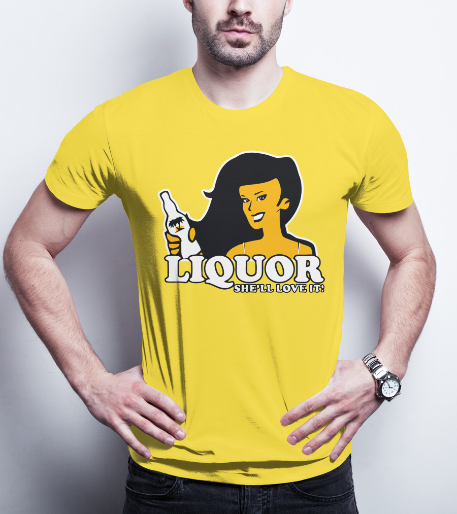 Liquor She'll Love It Retro Pin-Up Style Woman Holding Bottle T-Shirt