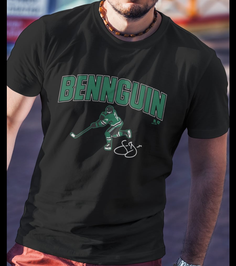Bennguin Hockey Player Silhouette In Green And White With Signature T-Shirt
