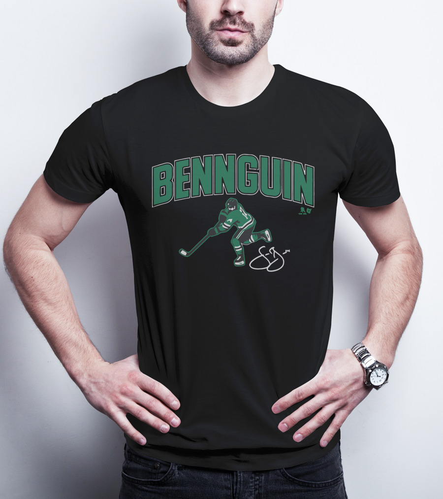 Bennguin Hockey Player Silhouette In Green And White With Signature T-Shirt