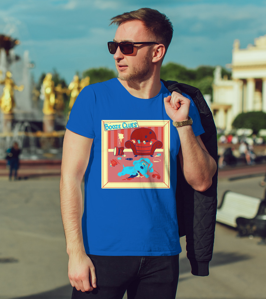 Booze Clues Blue Dog Party Mess With Cans And Couch T-Shirt