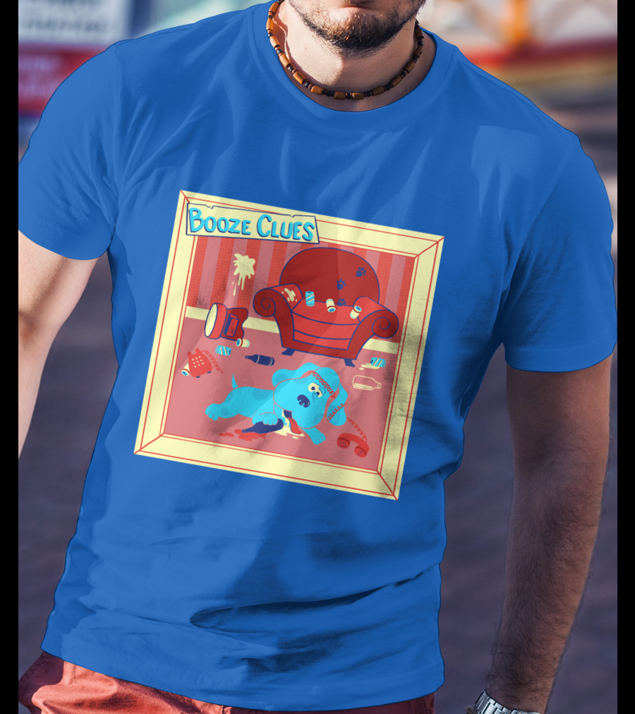 Booze Clues Blue Dog Party Mess With Cans And Couch T-Shirt