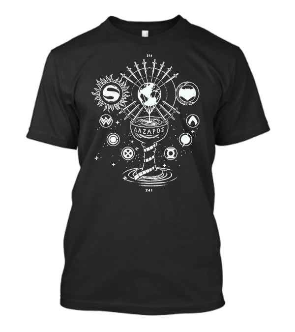 Justice League Symbols With Ancient Lazaros World Imagery And Iconic Logos 214 241 T-Shirt