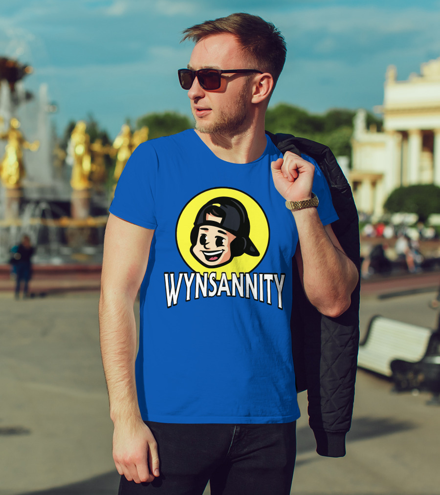 Wynnsanity Cartoon Character With Headphones And Backwards Cap Icon In Yellow Circle T-Shirt