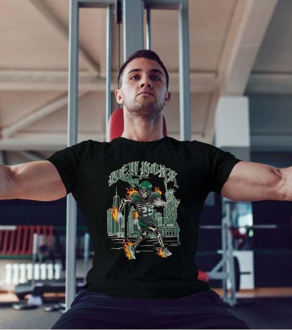New York Mike White Ty Johnson Skeleton Football With Statue Of Liberty And Skyline T-Shirt