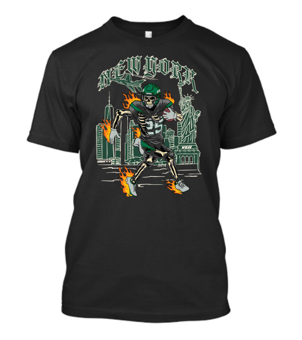Ty Johnson New York Skeleton Football Flames Liberty Statue City Skyline T-Shirt