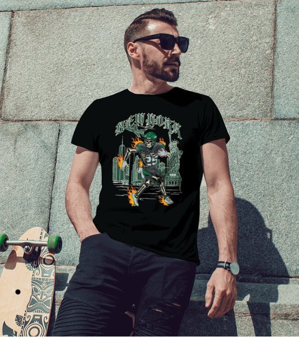 Ty Johnson New York Skeleton Football Flames Liberty Statue City Skyline T-Shirt