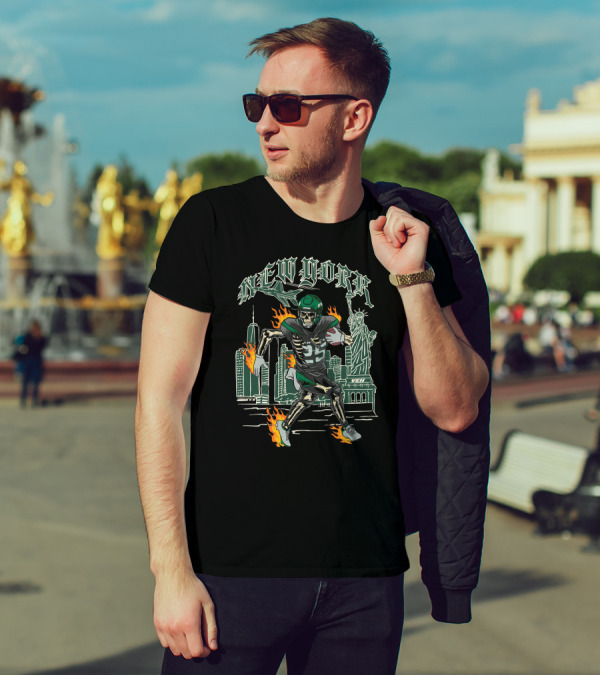 Ty Johnson New York Skeleton Football Flames Liberty Statue City Skyline T-Shirt