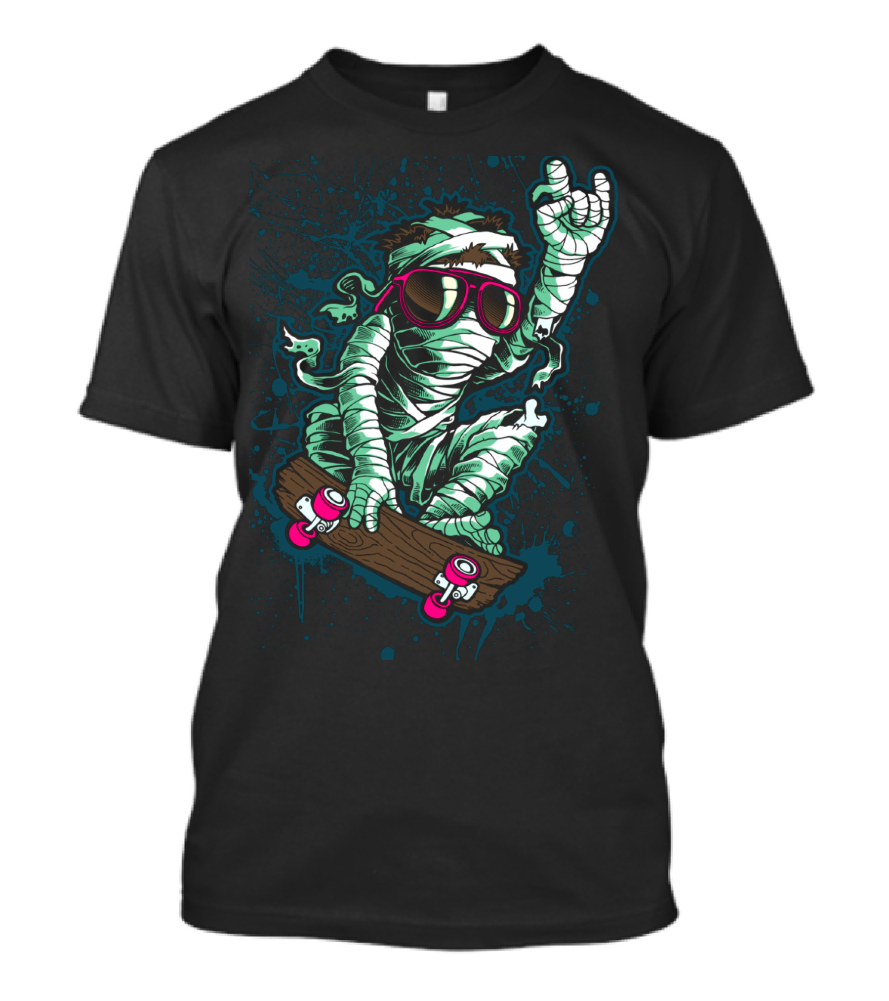 Return Mummy Skateboarding With Sunglasses Rock Hand Gesture T-Shirt