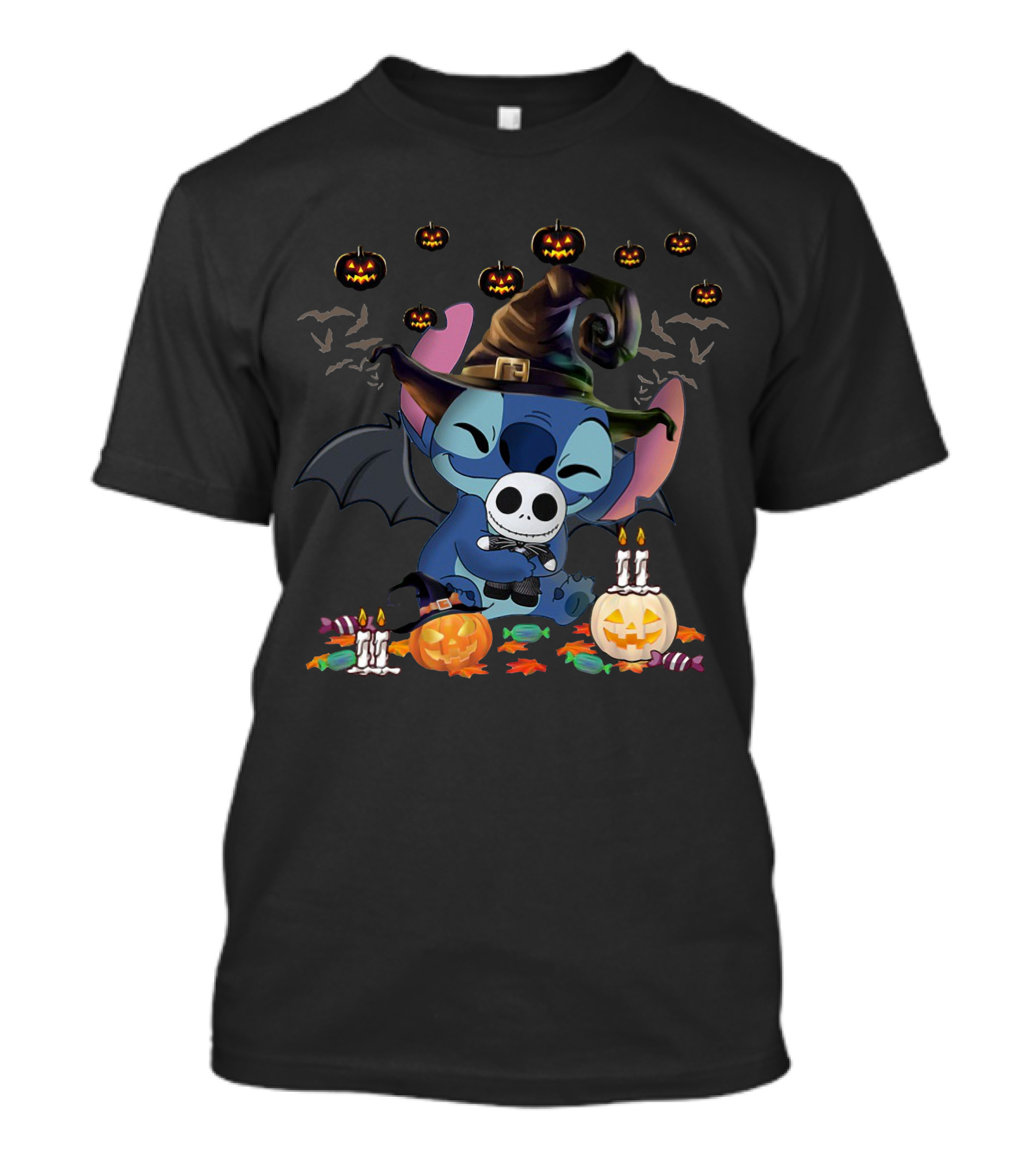 Stitch Halloween Witch Hugging Baby Jack Skellington With Pumpkins And Candy T-Shirt