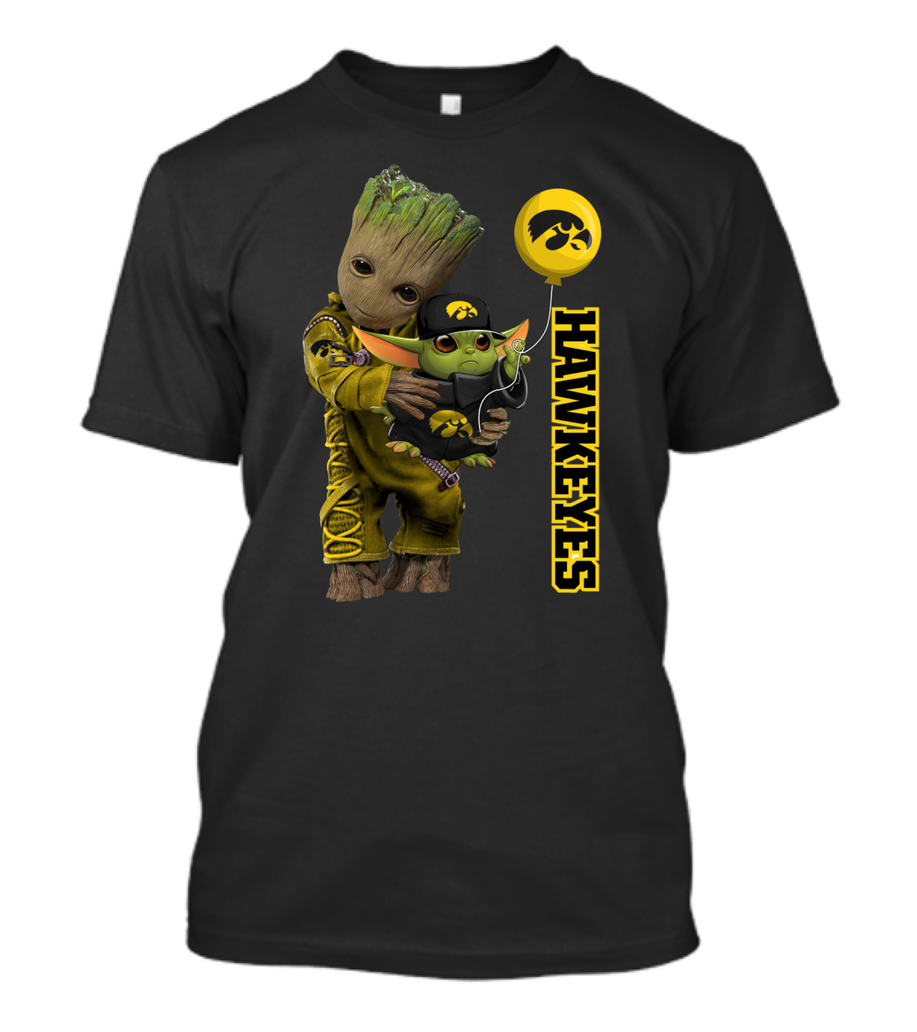 G&Y Iowa Hawkeyes Groot And Baby Yoda Balloon T-Shirt