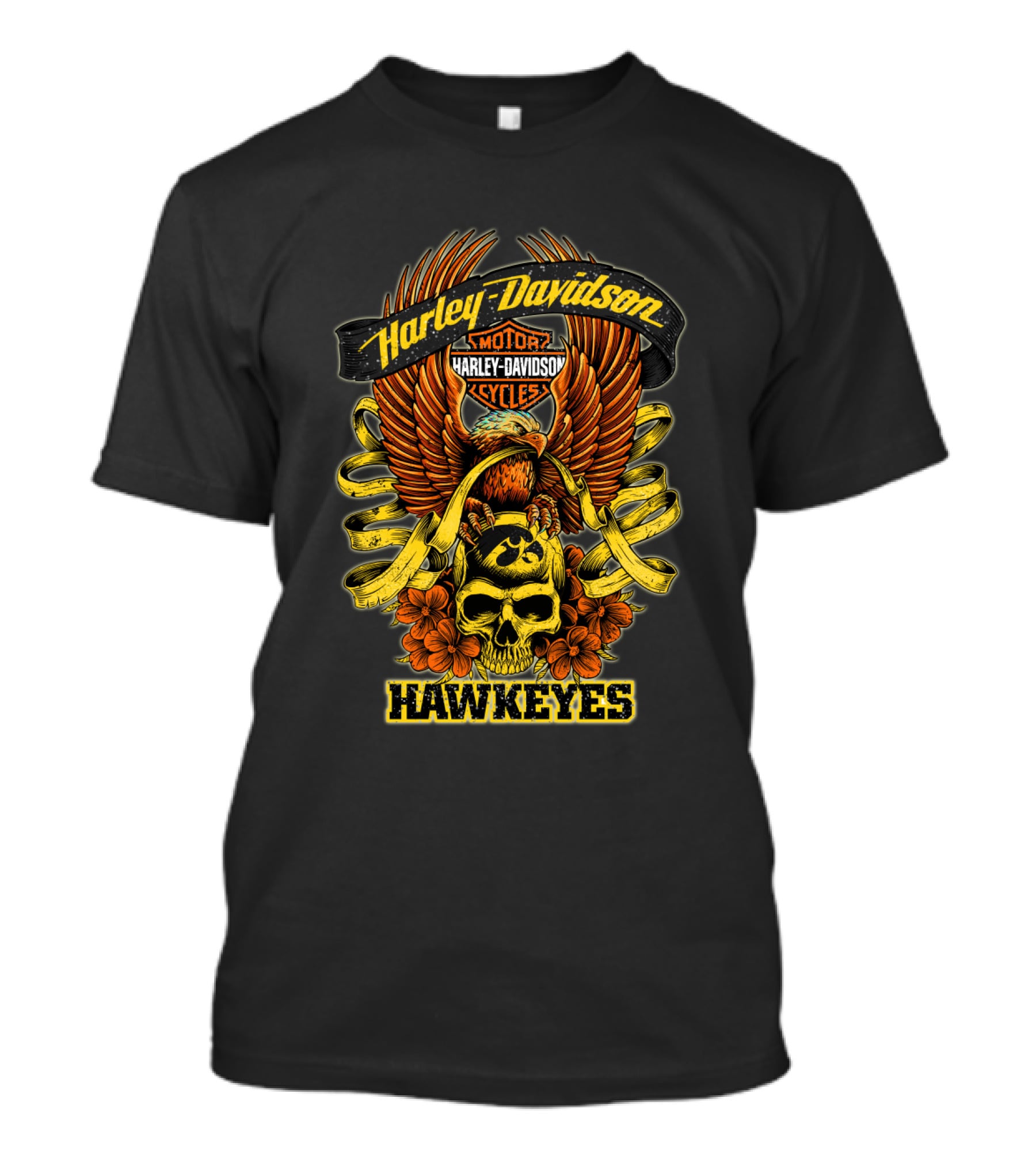 Harley Davidson Motor Cycles Hawkeyes Skull Eagle Winged T-Shirt