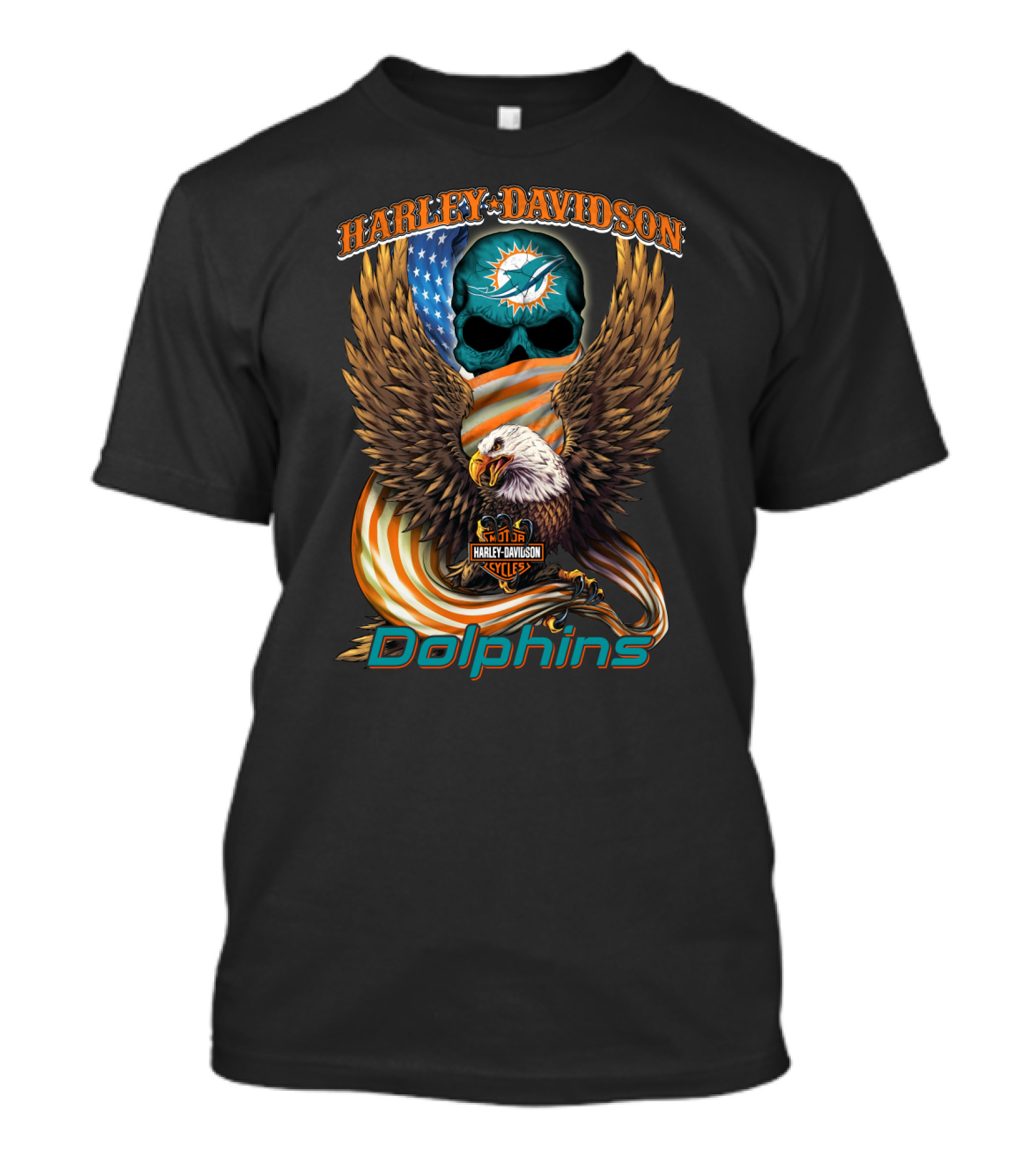 Harley Davidson Miami Dolphins Hl6 Cycles Eagle Flag Skull T-Shirt