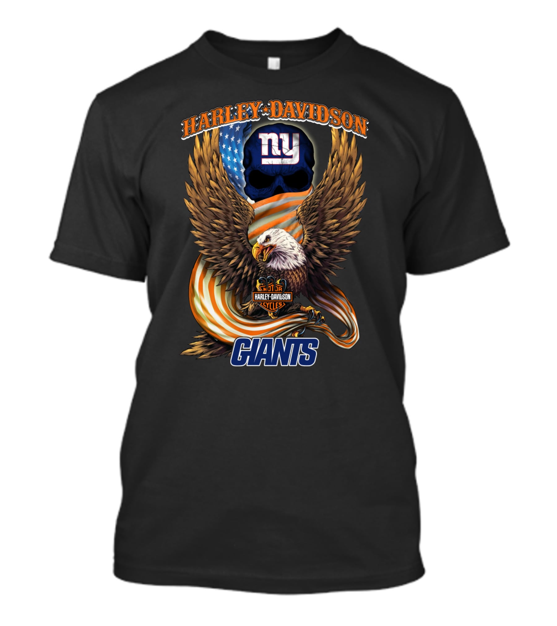 Harley Davidson New York Giants American Eagle Nfl Skull Usa Flag T-Shirt