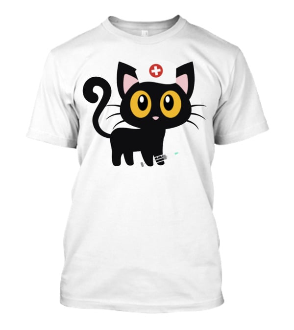 Cat Nurse Cute Black Cat With Syringe And Nurse Hat T-Shirt
