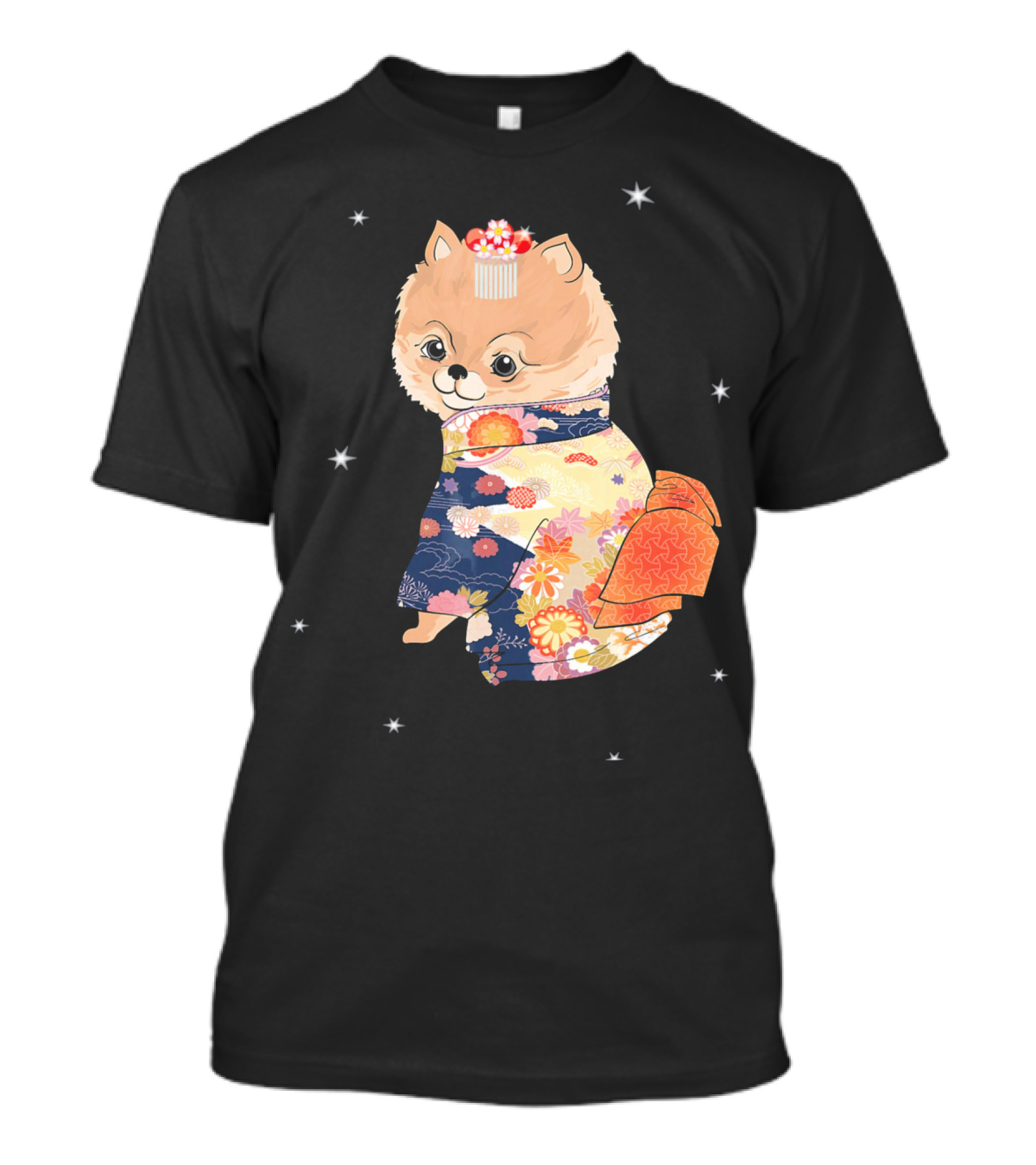 Pomeranian Dog In Floral Kimono With Stars T-Shirt