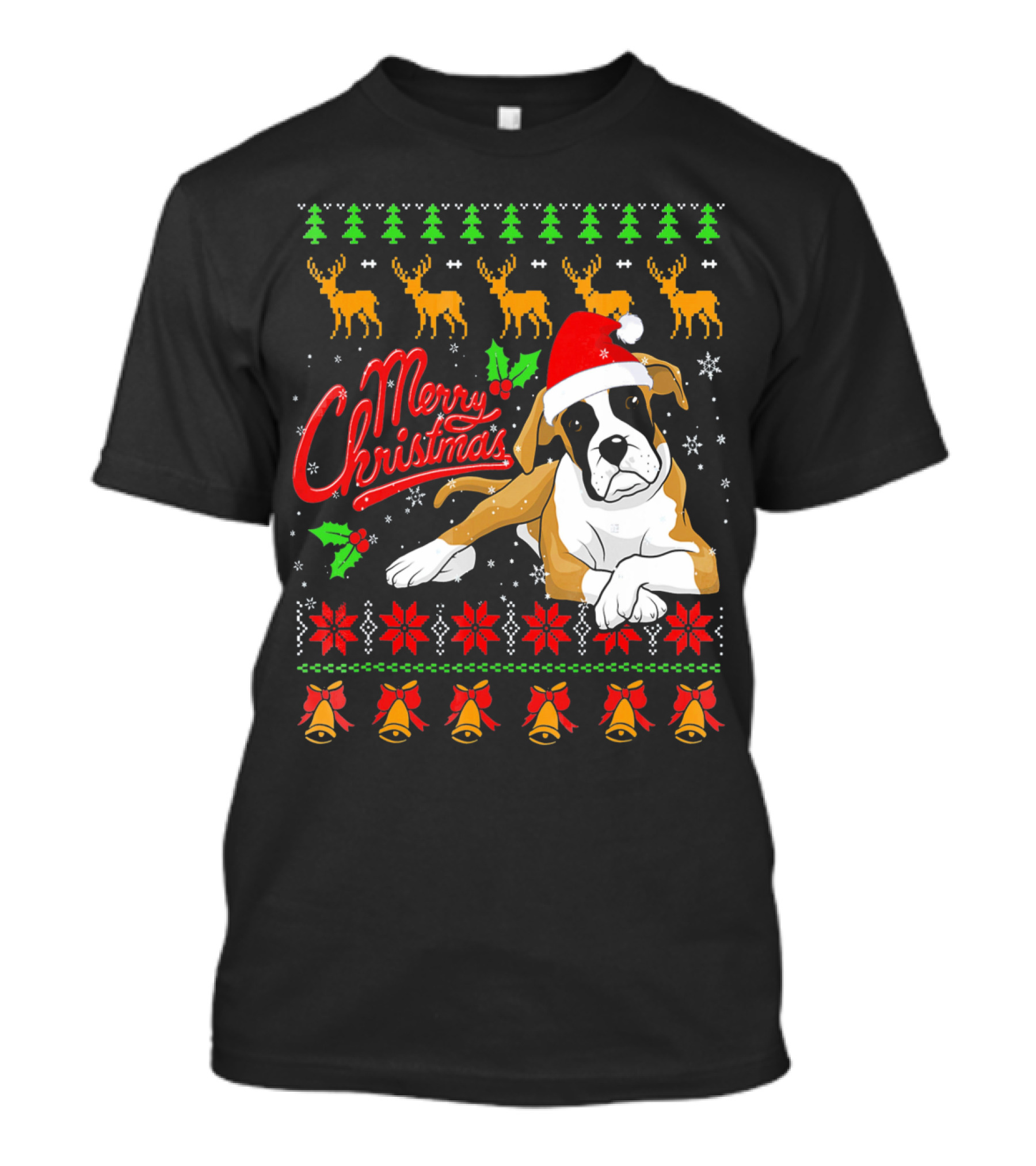 Merry Christmas Boxer Dog Santa Hat Reindeer Snowflakes T-Shirt