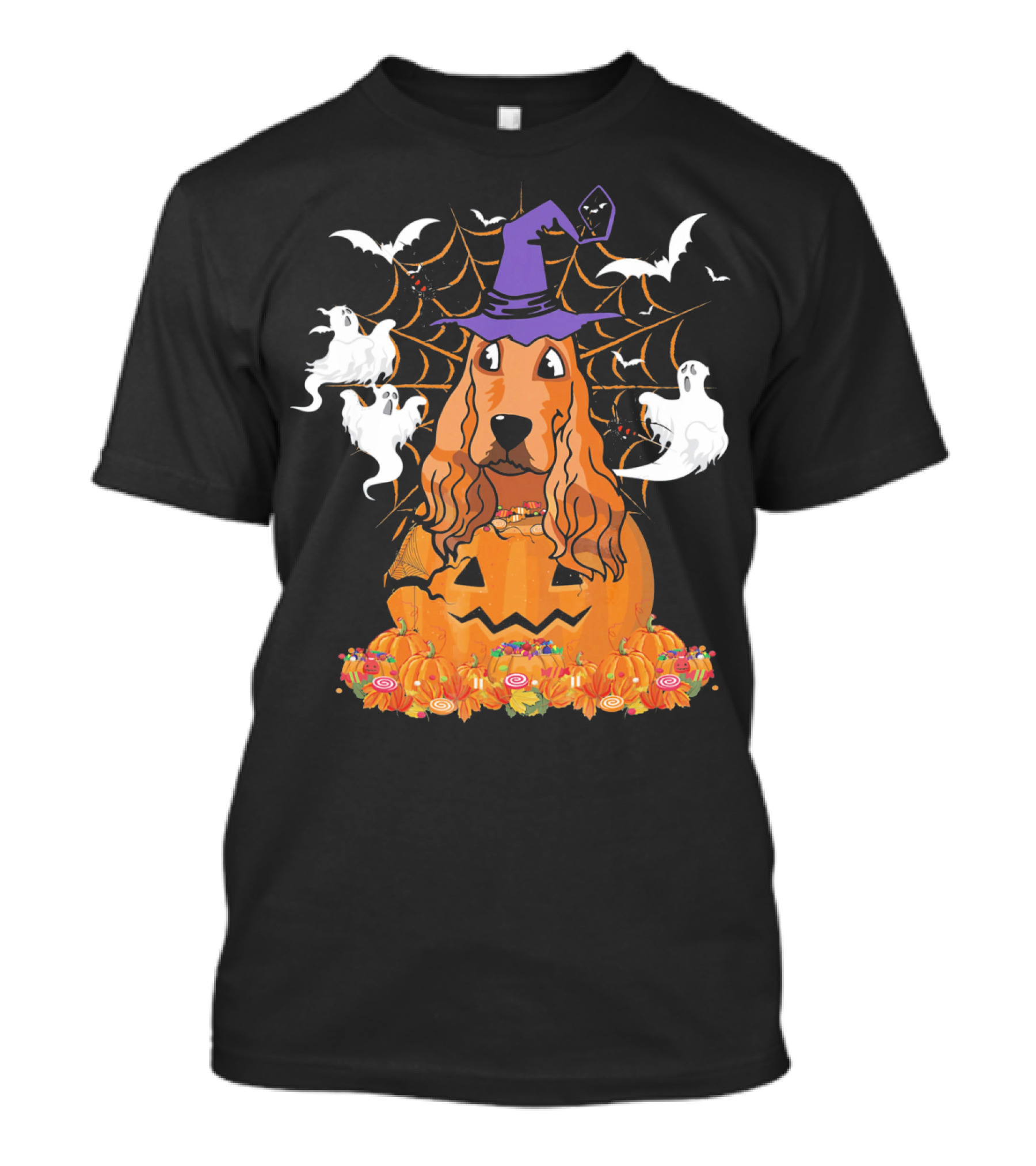 Cavalier King Charles Spaniel Halloween Pumpkin Ghosts And Witch Hat T-Shirt