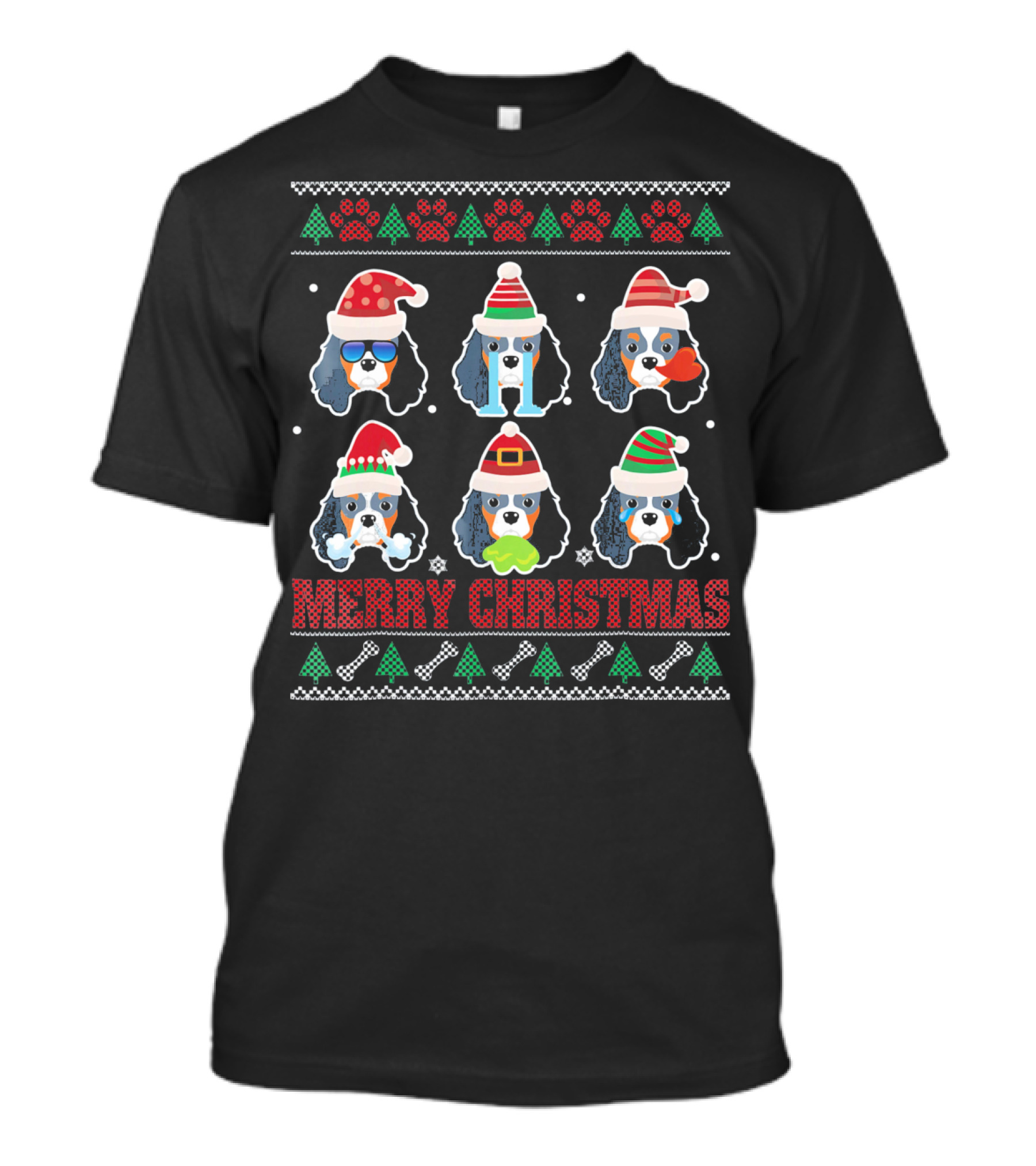 Merry Christmas Cavalier King Charles Spaniel Ugly Santa Santa Hat And Paw Prints T-Shirt