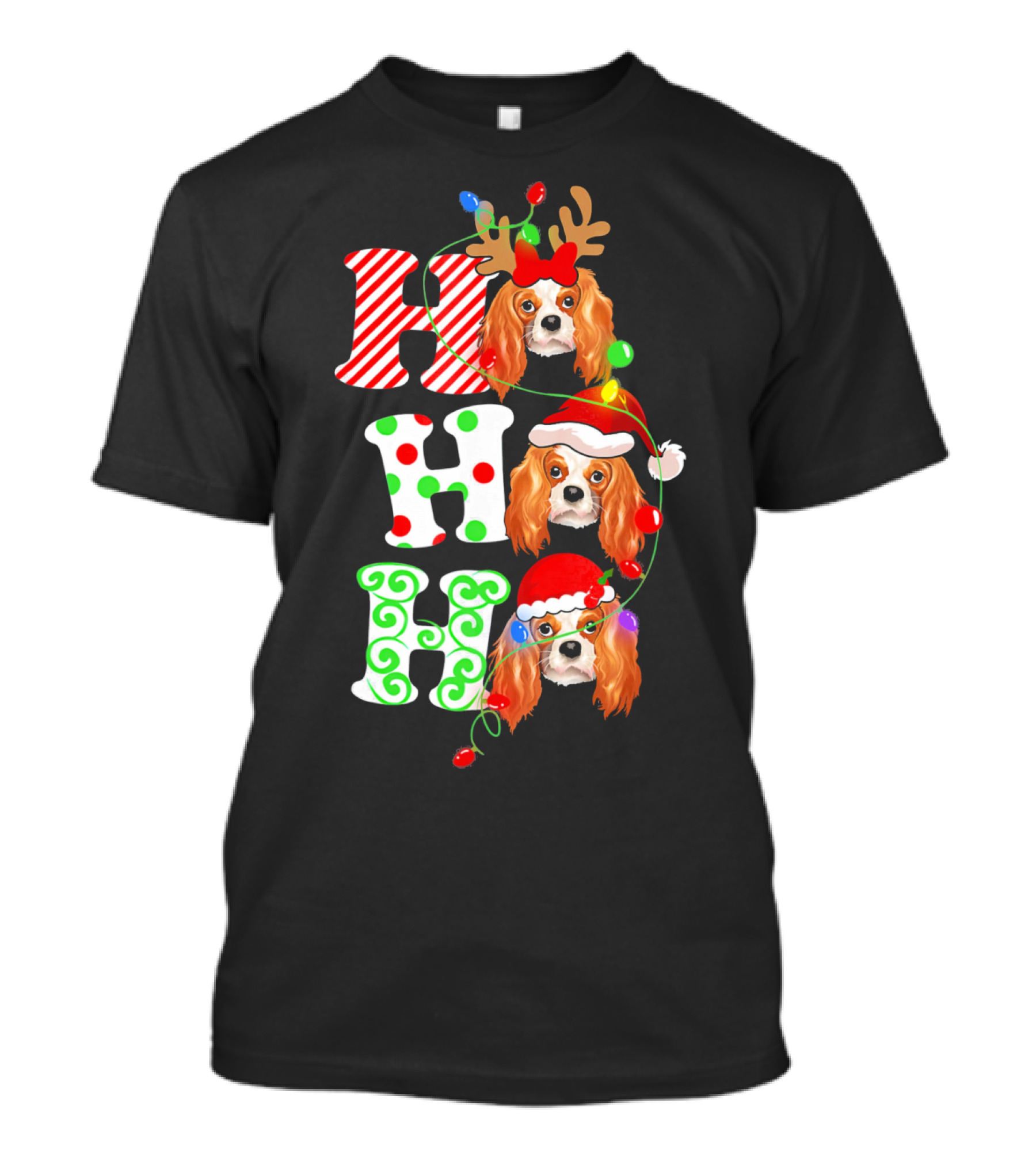 Cavalier King Charles Spaniel Santa Ho Ho Christmas Lights T-Shirt