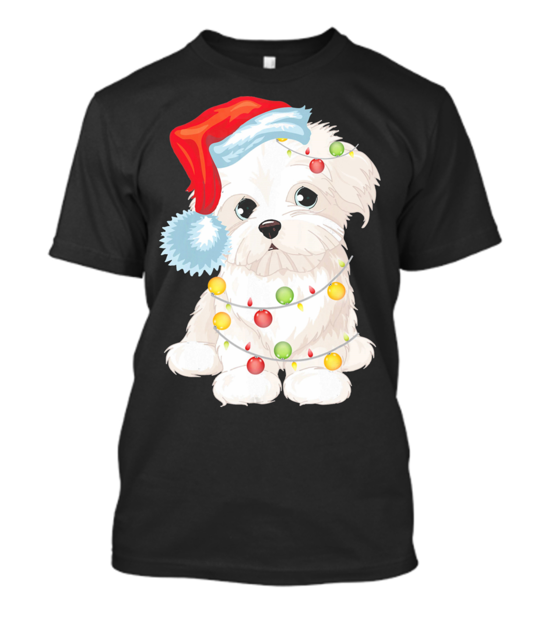 Santa Hat Maltese Dog Wrapped In Christmas Lights T-Shirt