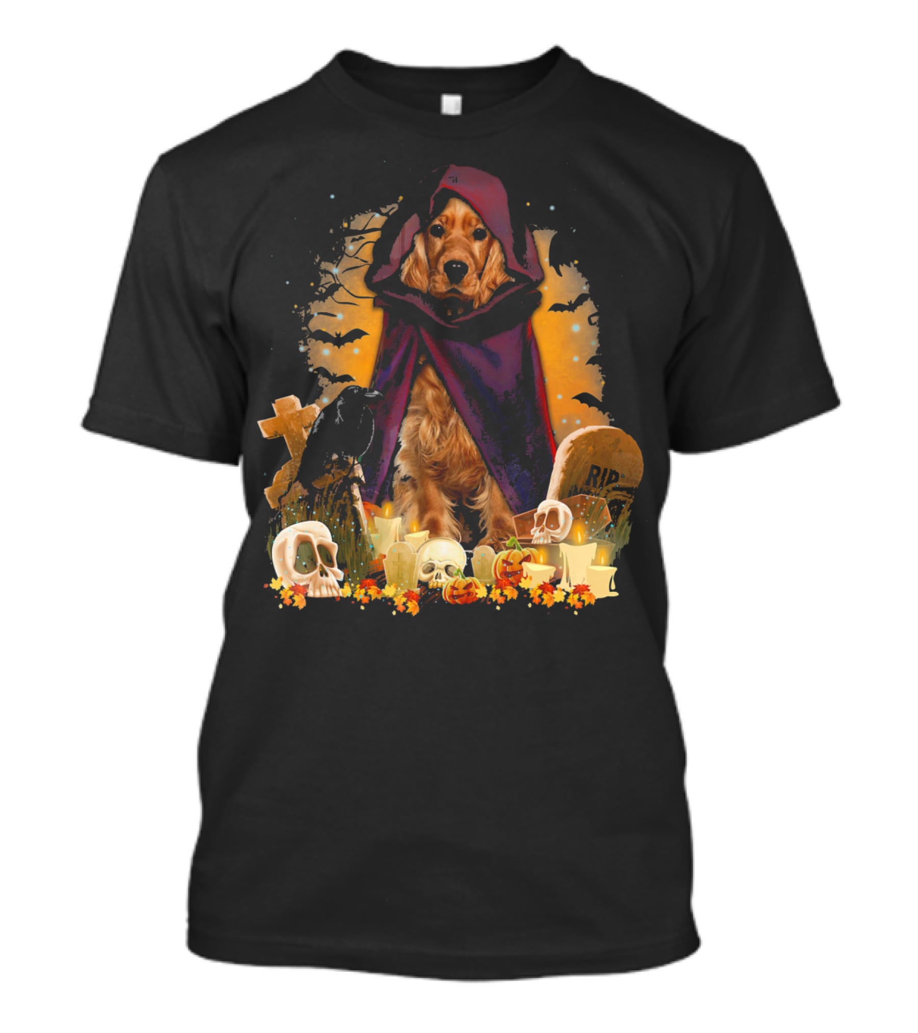 Cocker Spaniel Halloween Hooded Dog With Skulls And Tombstones T-Shirt