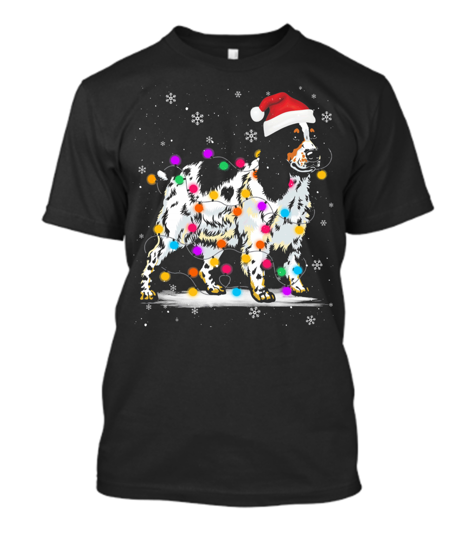 Cocker Spaniel Santa Hat Christmas Lights Snowflakes T-Shirt