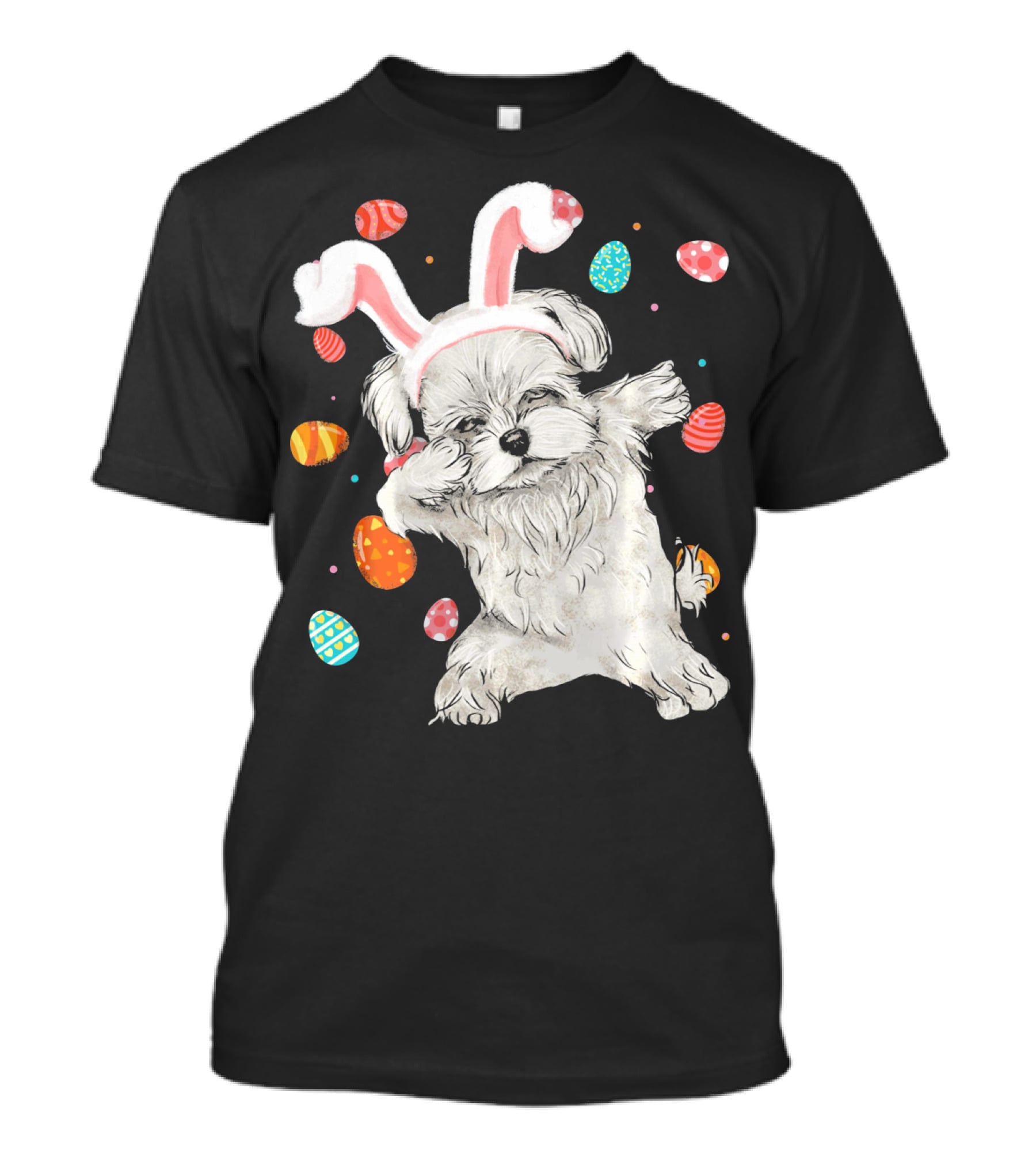 Dabbing Maltese Dog With Easter Bunny Ears And Colorful Eggs T-Shirt