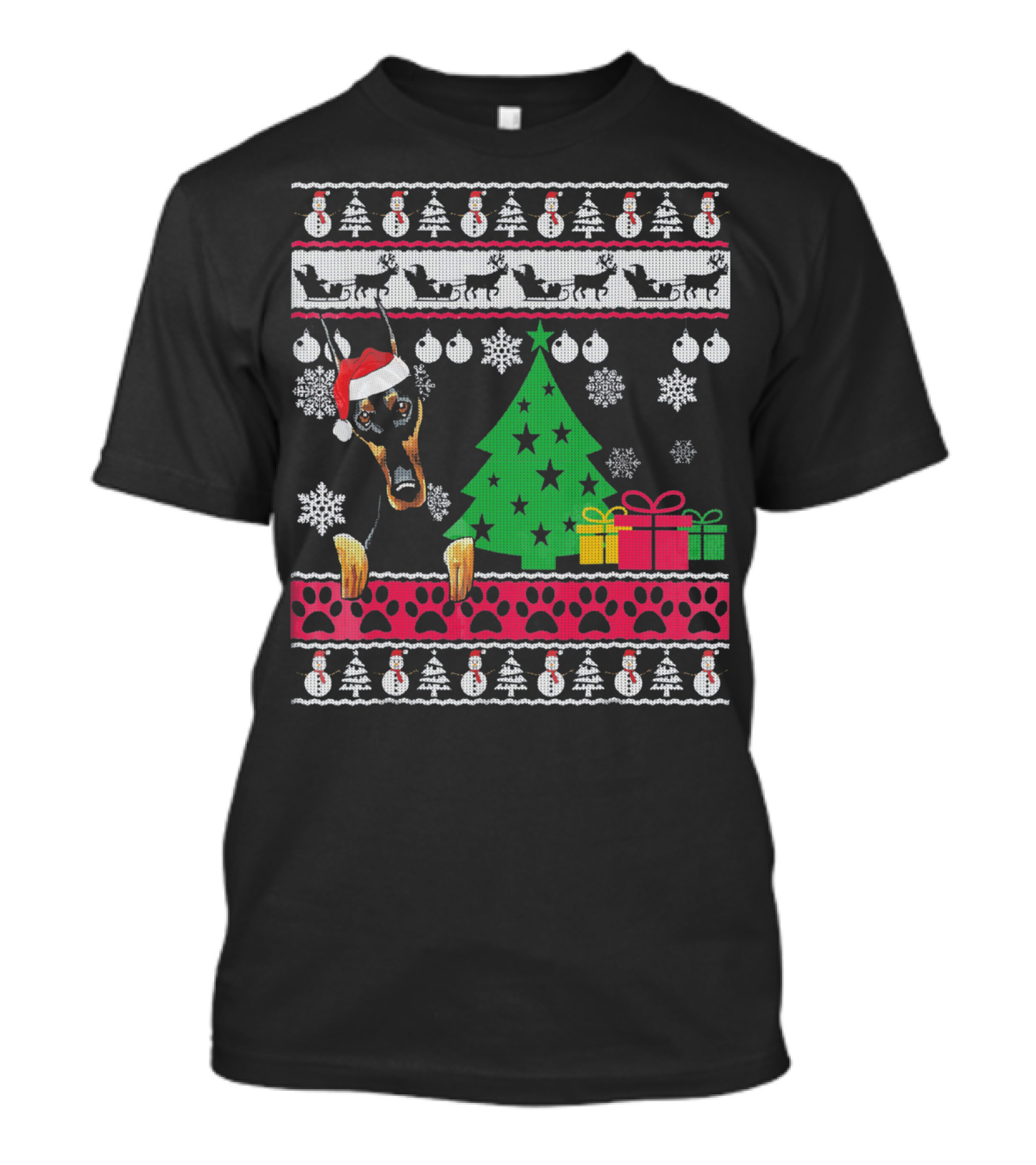 Doberman Christmas Sweater With Santa Hat And Festive Decorations T-Shirt