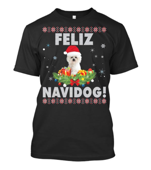 Feliz Navidog Maltese Dog Christmas Santa Hat Holiday Festive T-Shirt