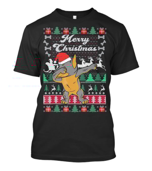 Merry Christmas Doberman Dabbing In Santa Hat With Holiday Symbols T-Shirt