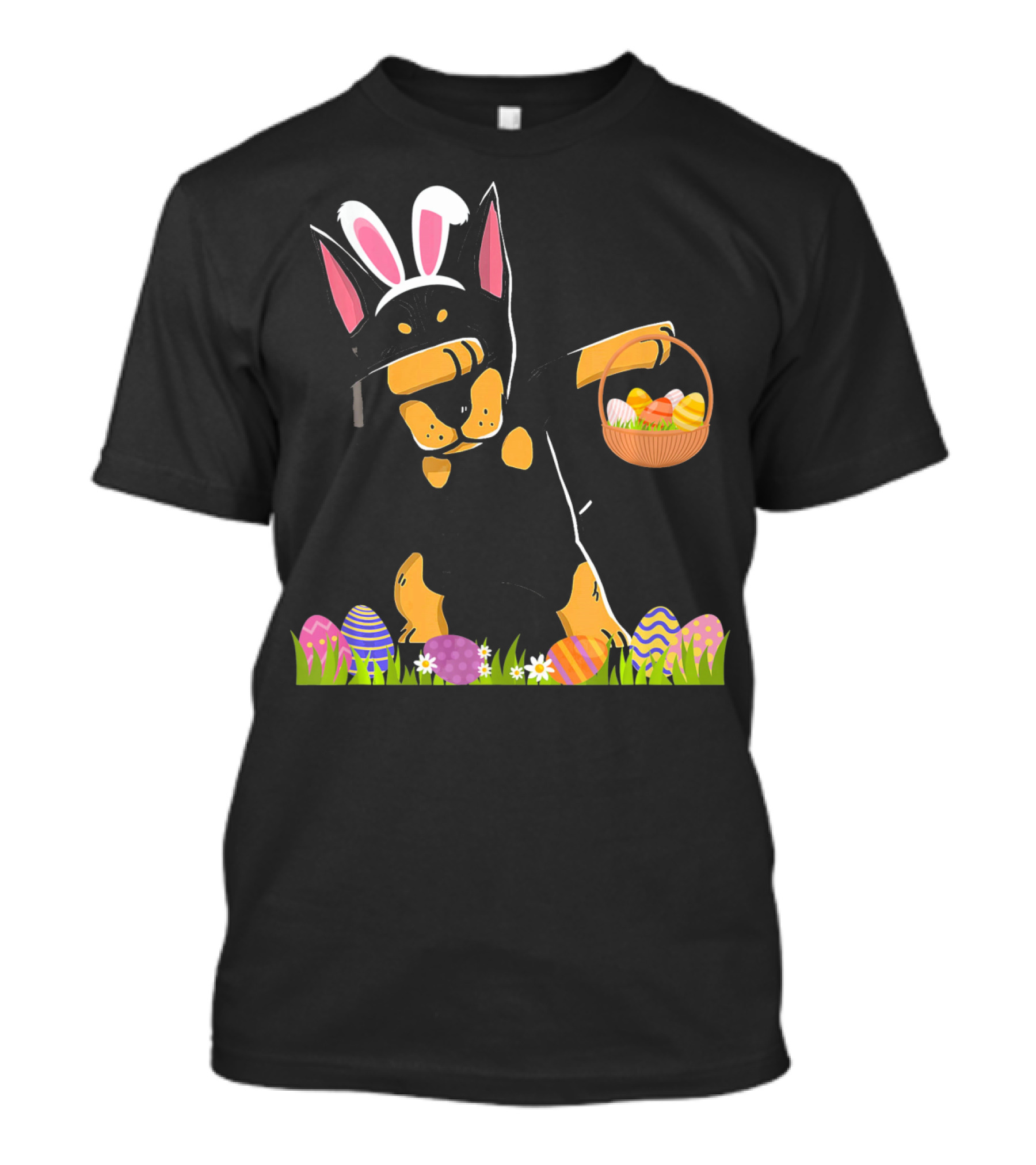 Doberman Dabbing With Bunny Ears And Easter Basket Of Eggs T-Shirt