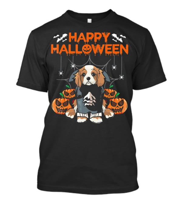 Happy Halloween Vampire Cavalier Dog Surrounded By Pumpkins And Bats T-Shirt