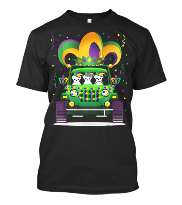 Mardi Gras Maltese Dogs Riding Jeep With Colorful Hat And Beads T-Shirt