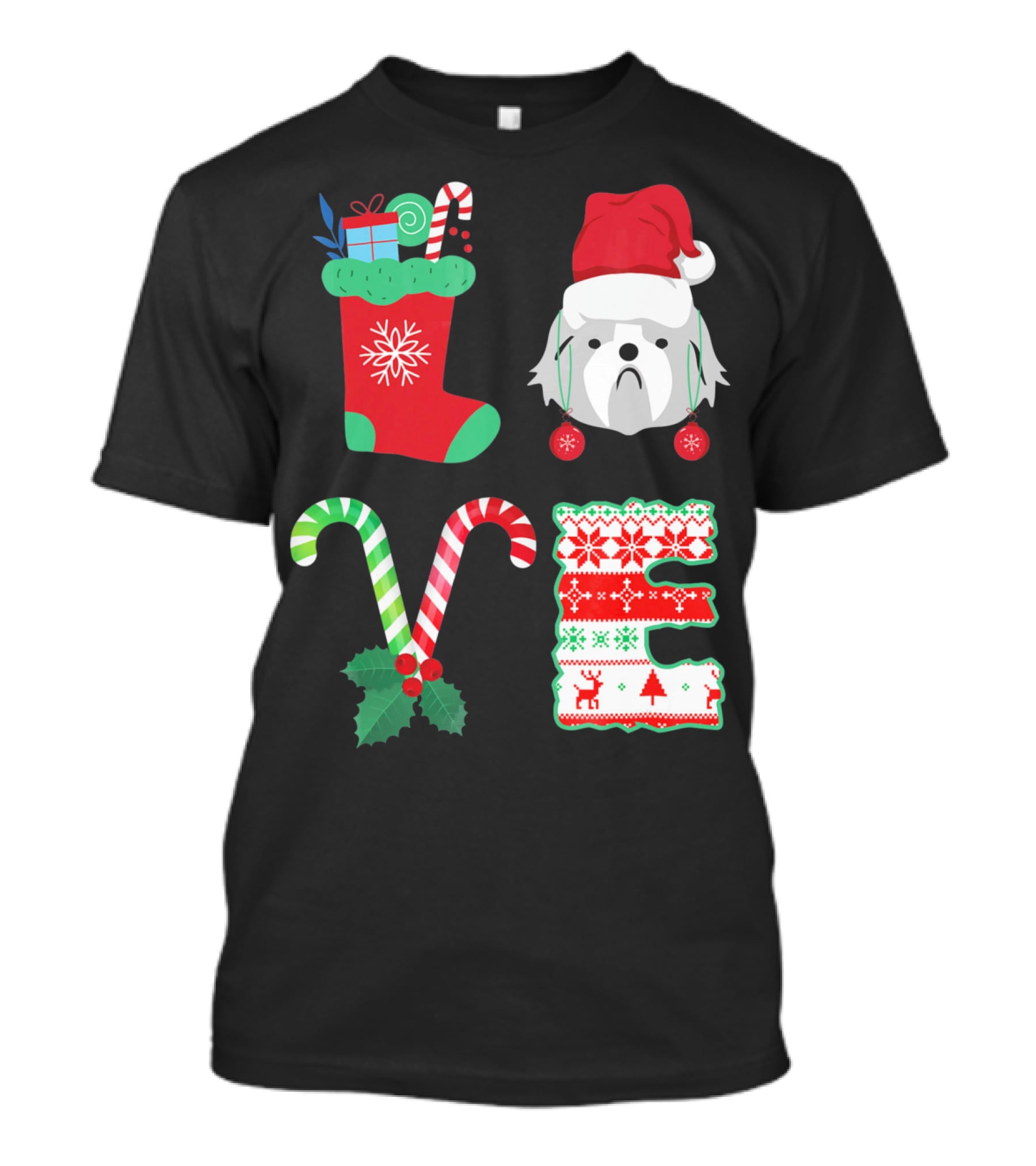 Love Shih Tzu Christmas Dog In Santa Hat With Stocking Candy Canes T-Shirt