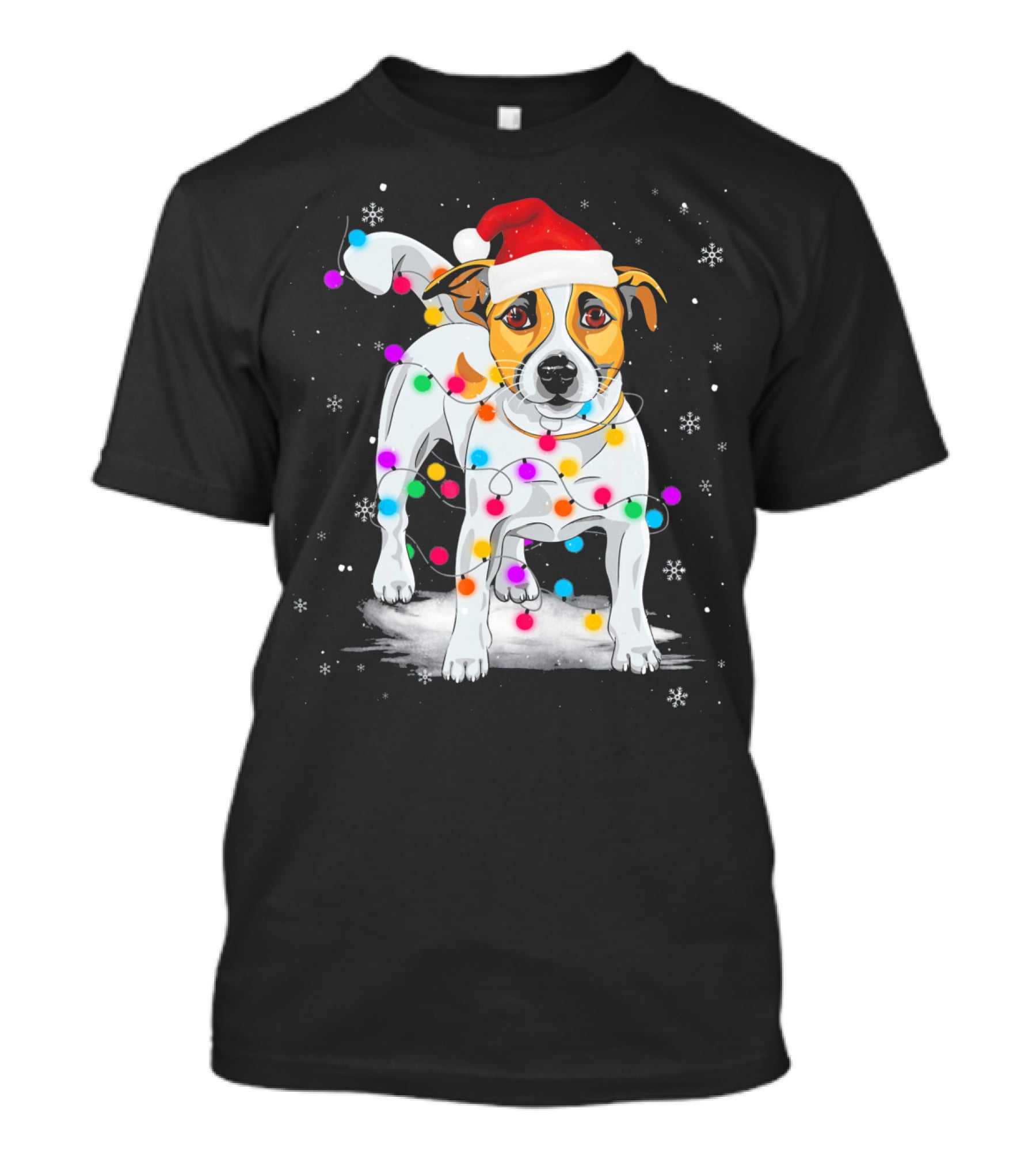 Jack Russell Terrier Santa Hat Wrapped In Christmas Lights Snowflakes T-Shirt