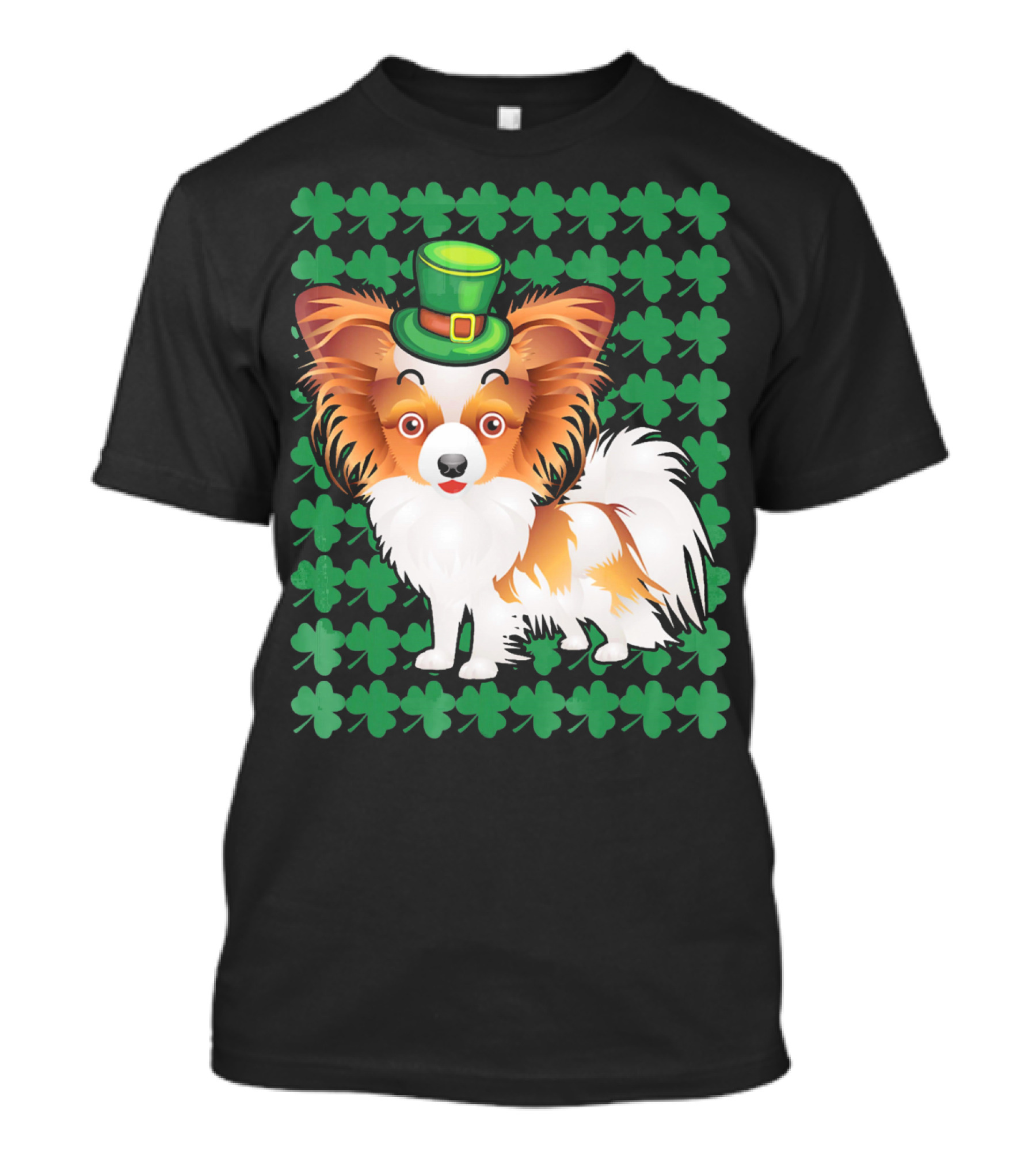 Papillon Dog In Leprechaun Hat Surrounded By Clover T-Shirt