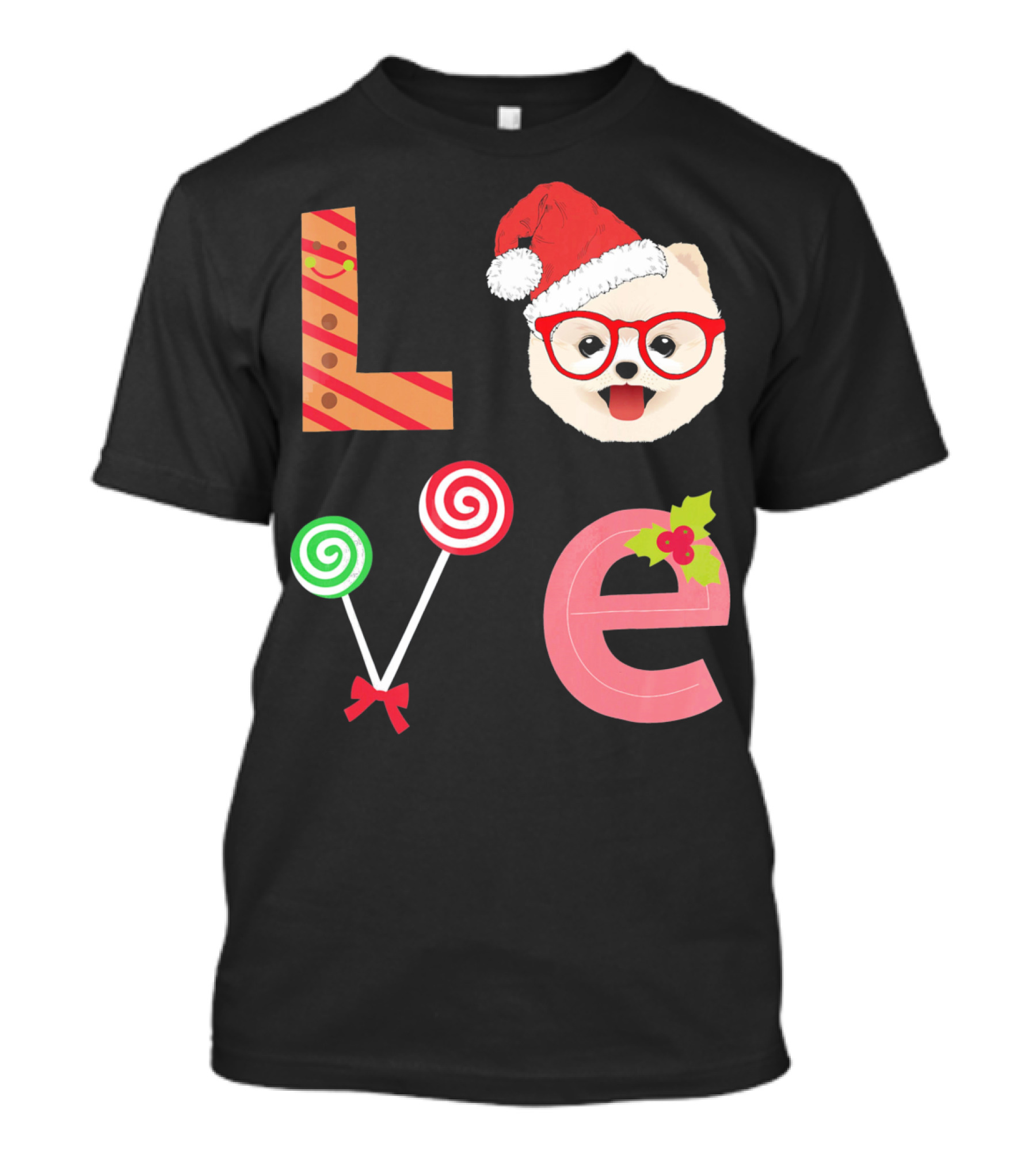 Love Pomeranian Santa Christmas Dog Candy Cane Glasses T-Shirt