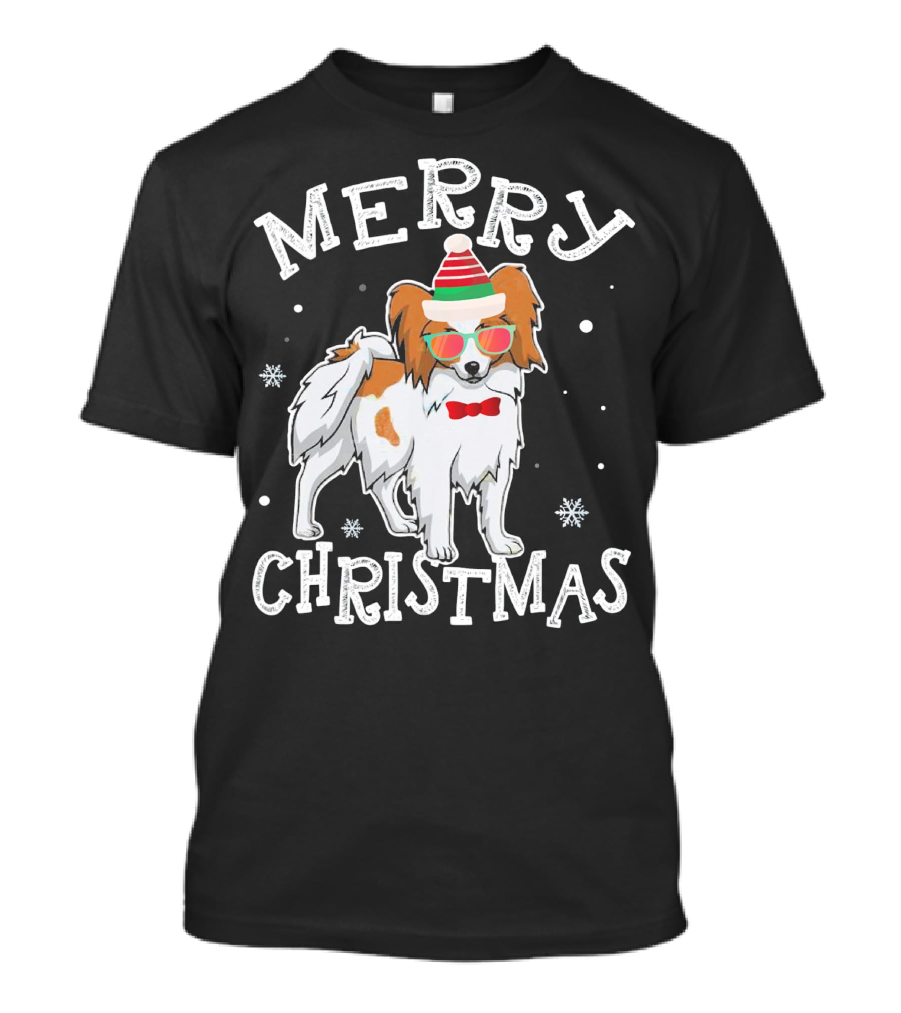 Merry Christmas Papillon Noel Hat Bowtie Snowflakes T-Shirt