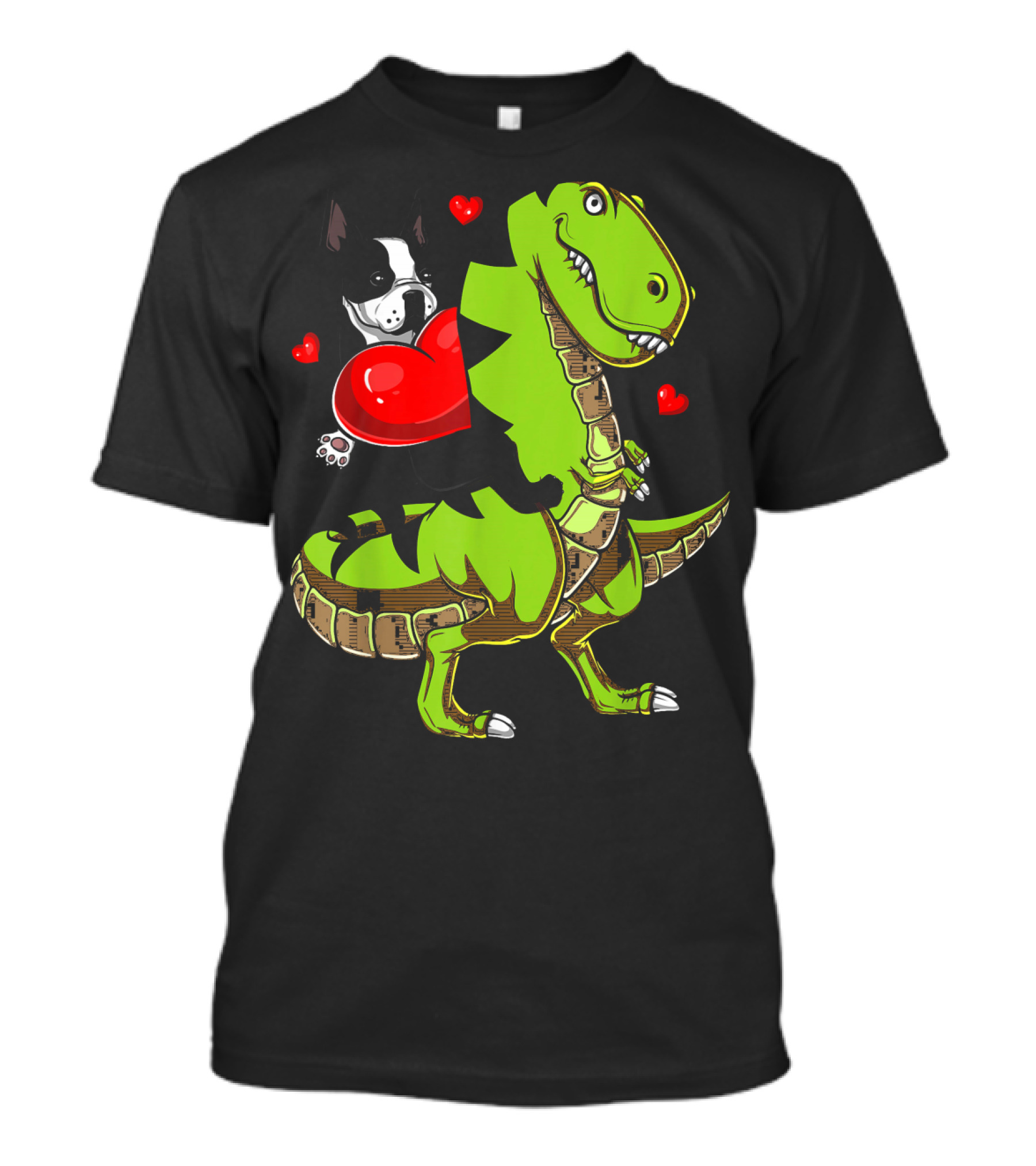 Boston Terrier With Red Hearts Riding A Green Rex Dinosaur T-Shirt