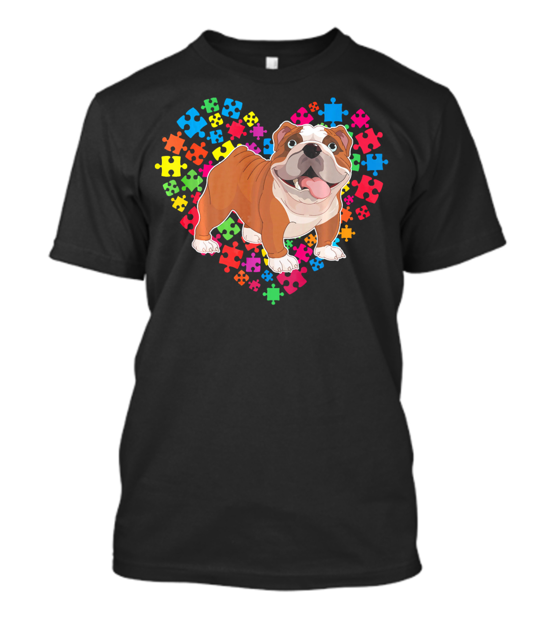 Bulldog Valentine Heart With Colorful Puzzle Pieces Background T-Shirt